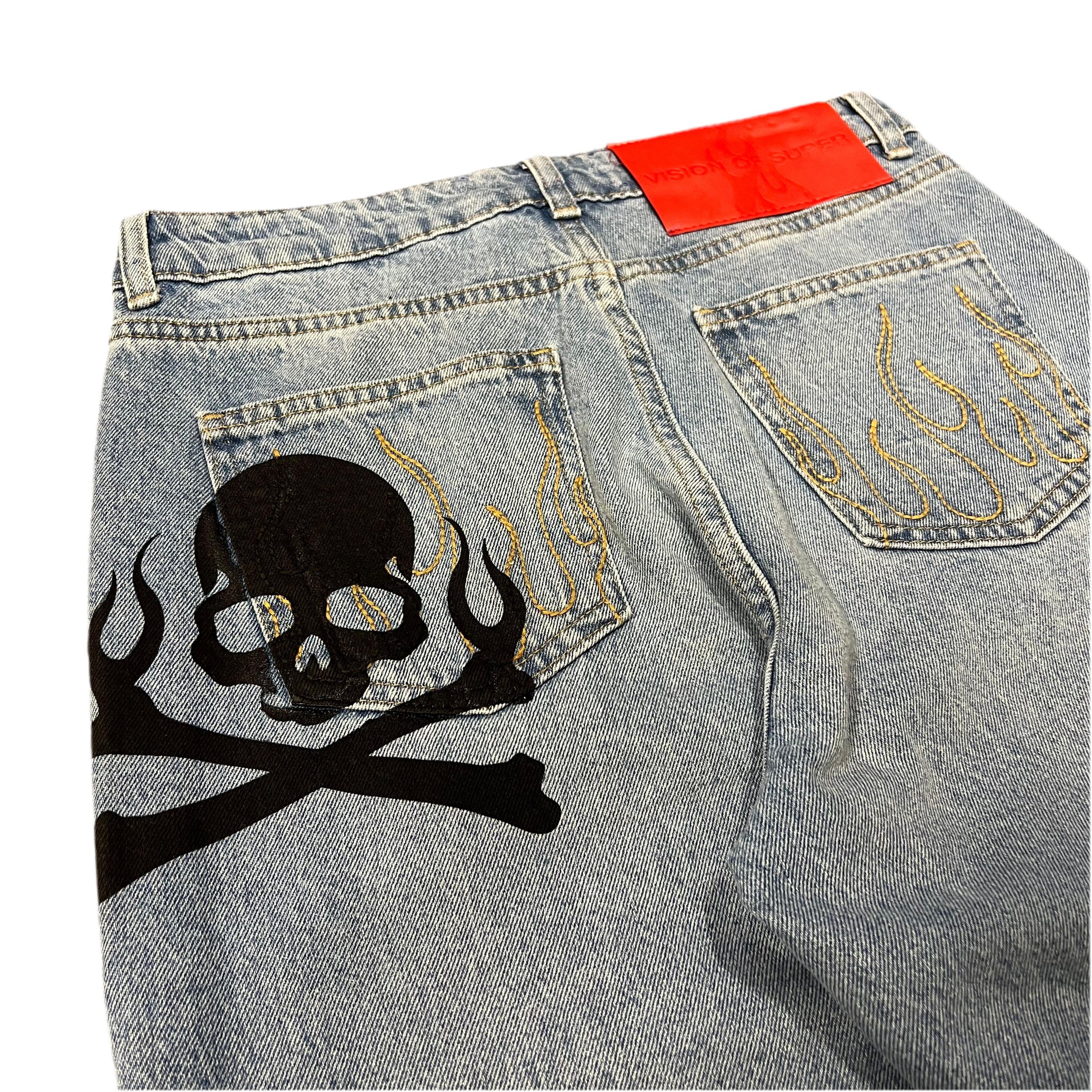 Jeans Vision Of Super Blue Denim Skull Flames