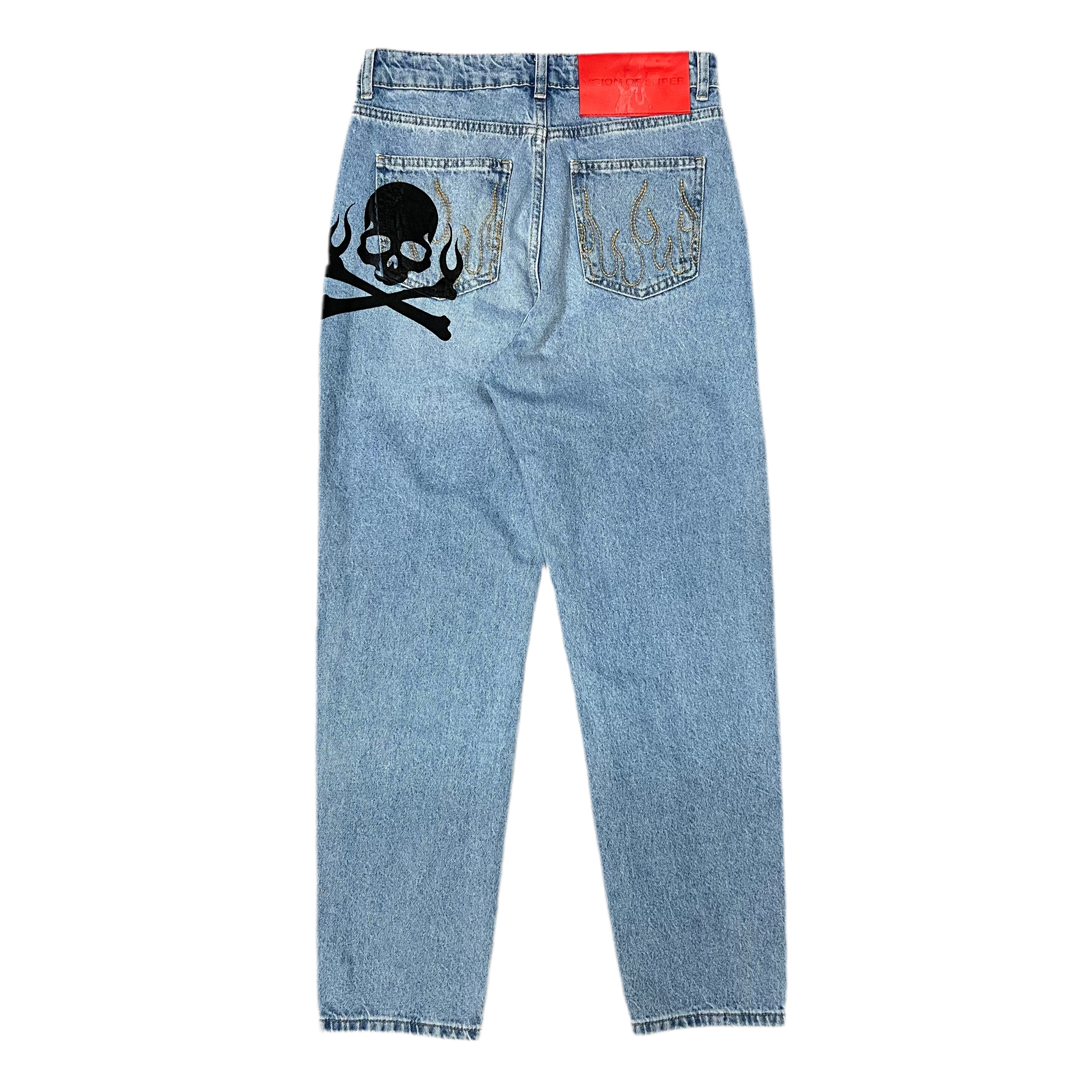 Jeans Vision Of Super Blue Denim Skull Flames